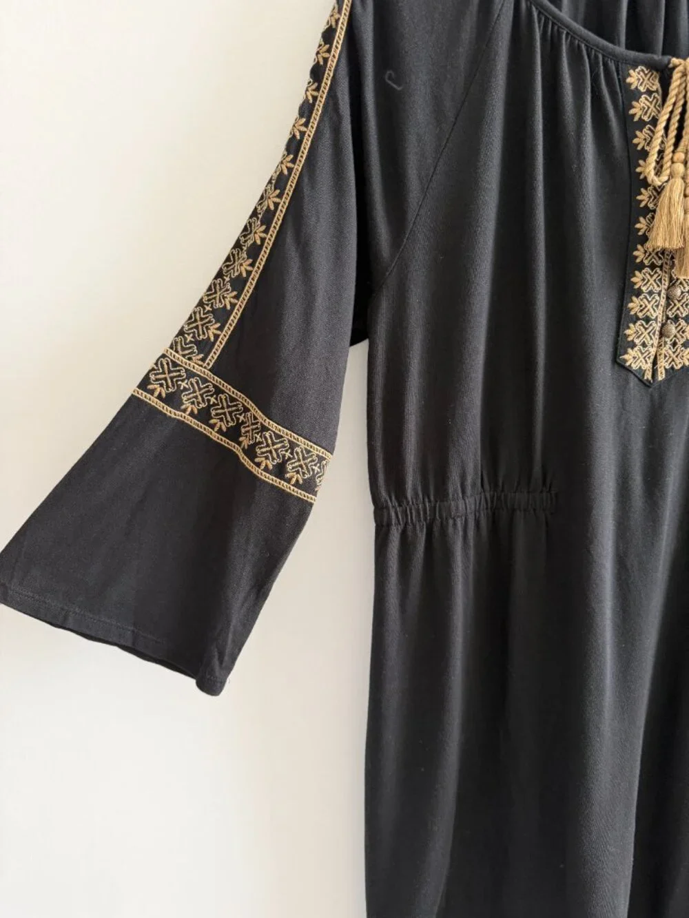 J. Jill Embroidered Peasant Tunic Dress Black Gold Boho Shift Large - Picture 10 of 12